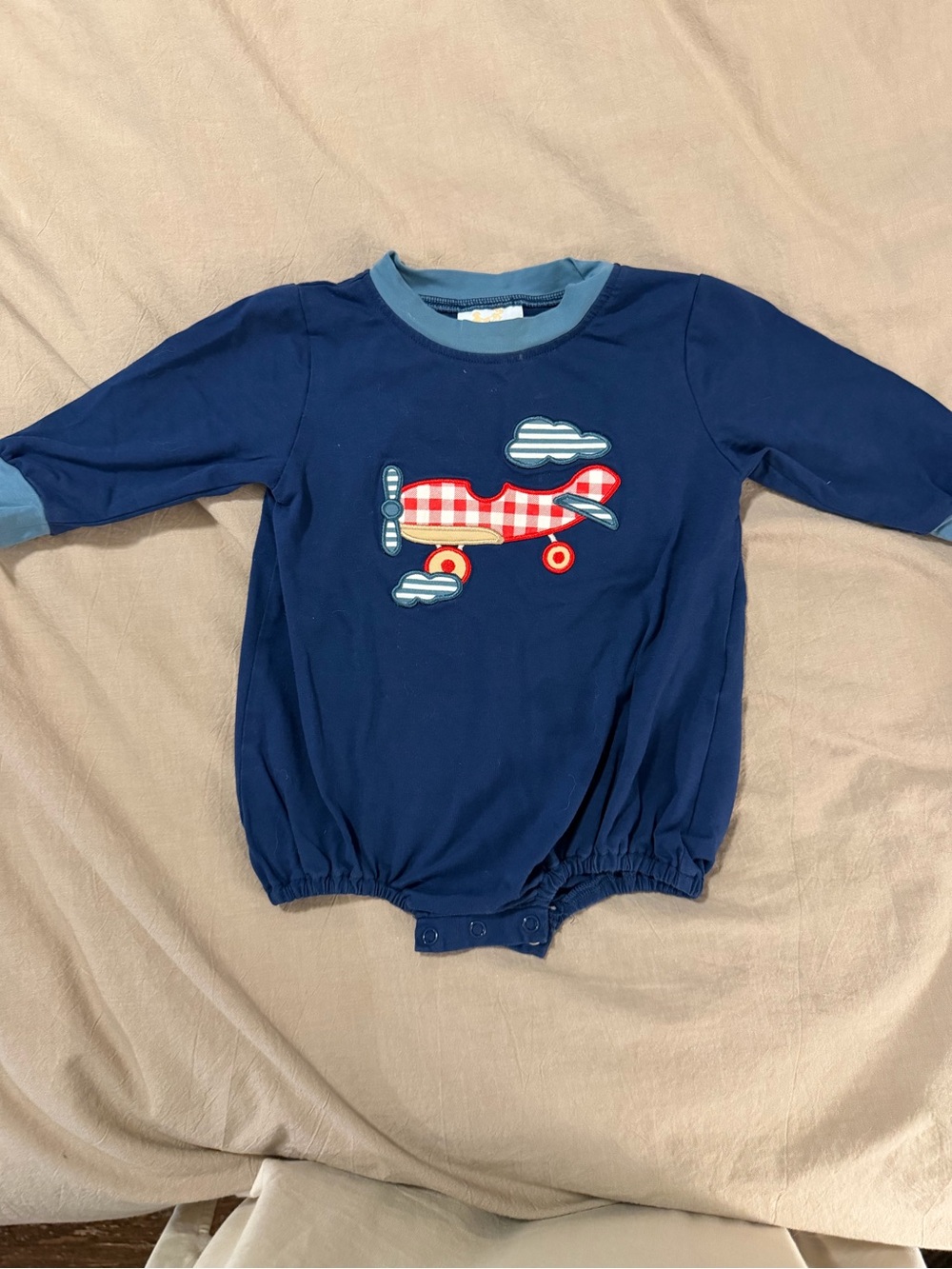 Navy Long-Sleeve Smocked Airplane Baby Boy Bodysuit